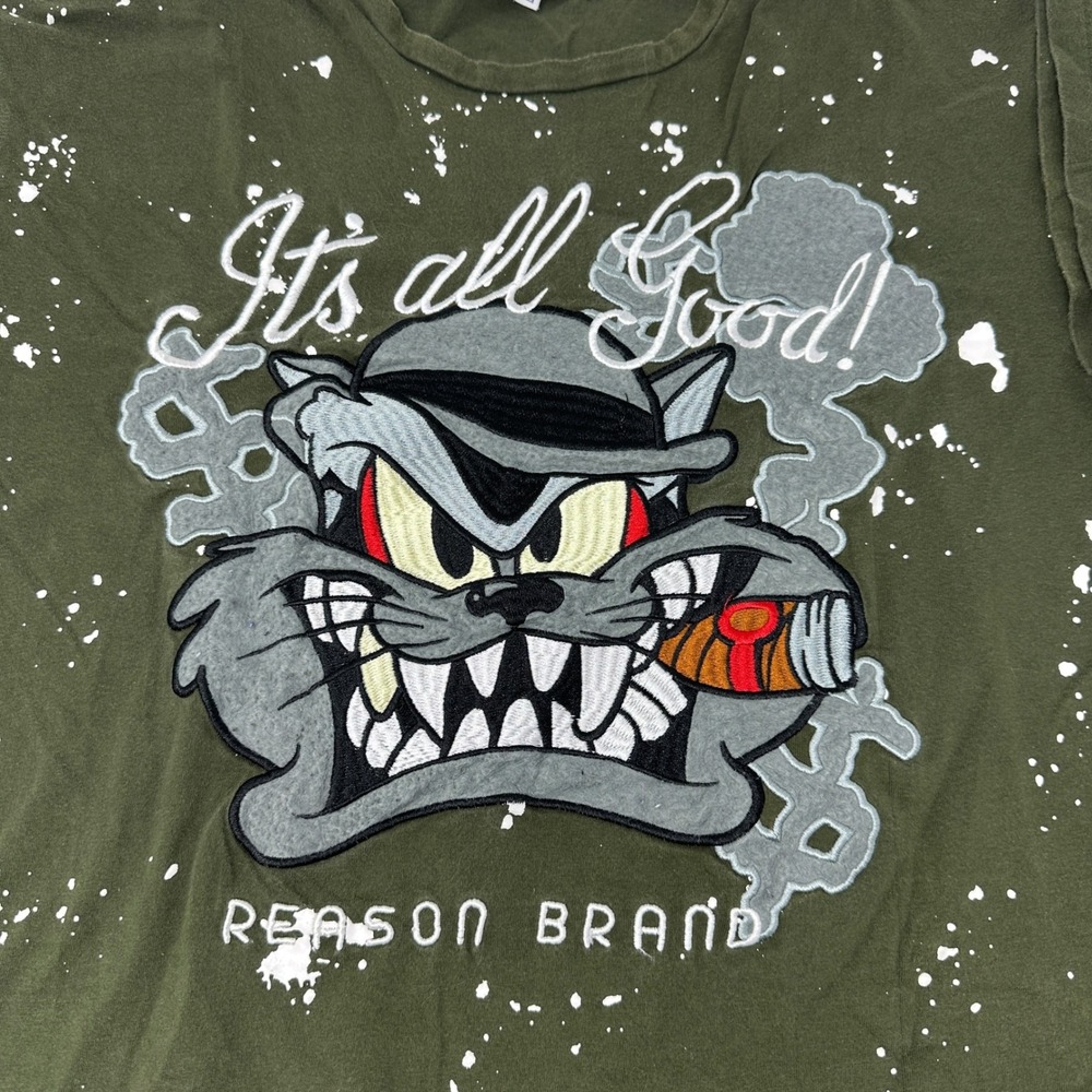 Reason Brand Mens Olive Green It's All Good Smoking Cat Paint Splatter Tee‎ L - Picture 9 of 10